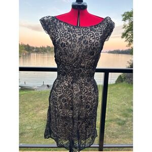 Ultra Pink black lace scroll print smocked waist fit flare mini dress Size 4